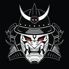 Oni Mask Tattoo T-shirt. Black masked samurai. Traditional Japanese warrior. Vintage isolated vector illustration. Military design and art element concept