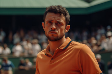 Professional Tennis Player at Roland Garros in an Orange Tennis Short Accepting Balls From The Ball Boy. Ai Generated  