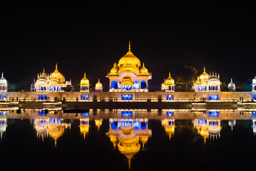 middle view, night view, sacred place kusum sarovar on govardhan hill, temple in india, place of pilgrimage