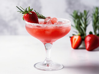 Cold summer strawberry alcohol cocktail with ice, green rosemary twig, berry slices in light modern interior. AI generative