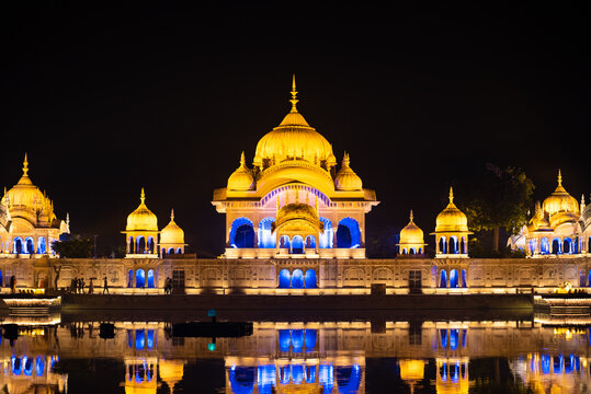 close-up, night view, sacred place kusum sarovar on govardhan hill, temple in india, place of pilgrimage