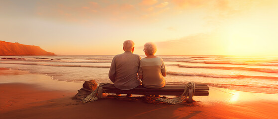 Happy seniors enjoying their golden years of retirement with a beach sunset. Generative AI
