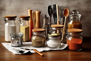 kitchen table seasoning and stuff food photography - obrazy, fototapety, plakaty