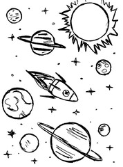 Space landscape with rocket, planets, sun and stars