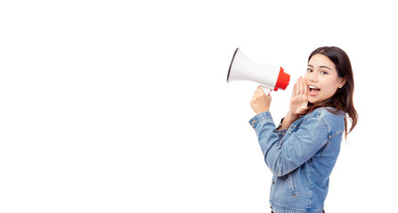 Smiling happy girl talking in megaphone or loudspeaker shouting loud Young woman look at camera tell discount promotion Use for advertisement She standing over islolated on white background Copy space