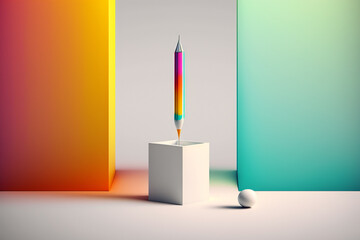 Colorful pensil on pedestal. Bright template for your design. Generative ai