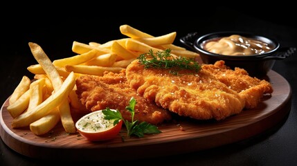 Fried Wiener schnitzel from veal topside with French fries. Generative AI