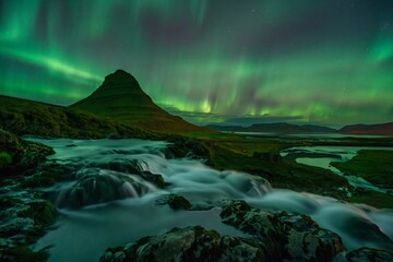 Aurora Borealis or Northern Lights with Waterfall in Iceland