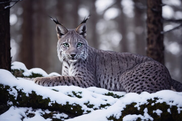 Obraz premium Digital photo of a The Ussuri Lynx in winter coniferous forest on the snowy branches of a fir tree. Wildlife imagery, the concept of ecological environment. Generative AI