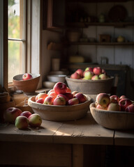 Some of the harvested apples are placed in a bowl on the kitchen counter top. Close to the window where the morning sun enters the kitchen.
