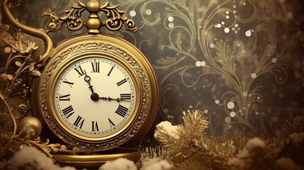 Round vintage clock, Christmas background. The concept of the New Year countdown. Generative AI