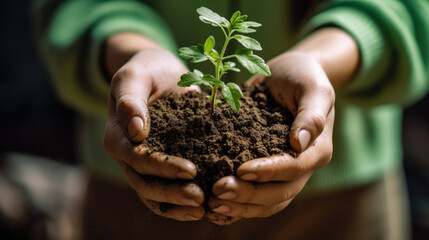 Hands planting a delicate young plant in fresh soil to give it space to grow