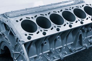 cylinder block of diesel engine repair.  Close-up of the cylinder block in blue tone.  Car engine...