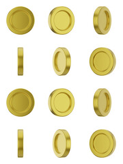 Set of metallic gold coins with transparent background, Rotating metallic gold coin, Isolated PNG metallic gold coin, 90 degree angle