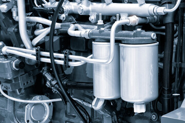 Blue diesel engine. Fragment of a diesel motor close-up. Selective on the fuel injection in the the diesel engine. supply system for diesel fuel.  Engine details  Diesel engine  background