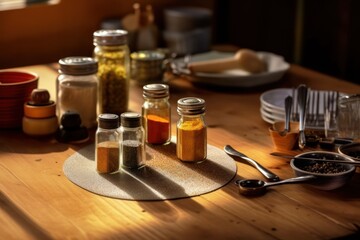 Fototapeta na wymiar kitchen table seasoning and stuff food photography