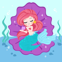 Lovely mermaid with little fish, vector illustration, children artworks, wallpapers, posters