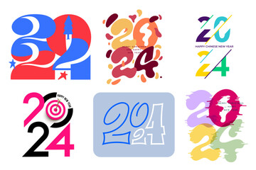 Set of 2024 typography logo design concept. Happy New Year 2024 logo design. Number design template. Collection of 2023 Happy New Year symbols. Minimalistic trendy vector illustration for branding.