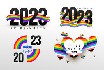 Set of Pride with LGBT Flag Wave 2023. Pride Month Vector. Pride Rainbow Flag Wave Design Element. Template vector design for banner, poster, card. Recognising LGBT, equality and diversity
