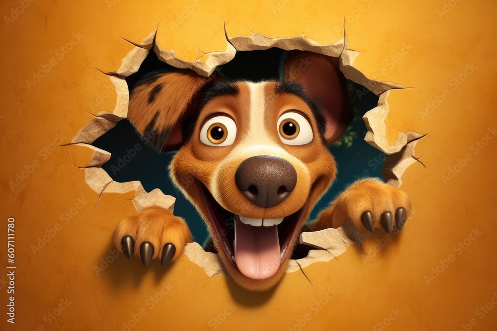 Sticker Cute Cartoon Dog Peeking Through a Hole in the Wall  with Space for Copy (Generative AI)