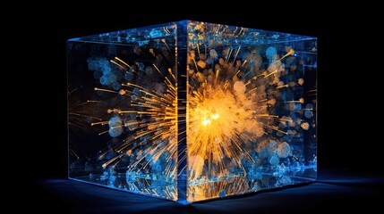 Fireworks in a glass box - blue and gold. MidJourney.