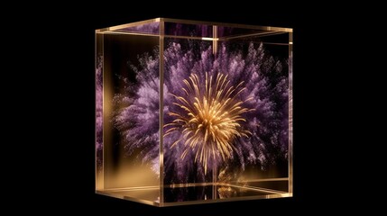 Fireworks in a glass box - purple and gold. MidJourney.