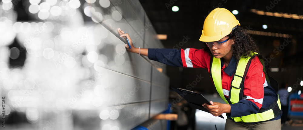 Wall mural Industrial Engineers or Foreman inspecting and check up machine at factory machines.Technician working in metal sheet at industry..