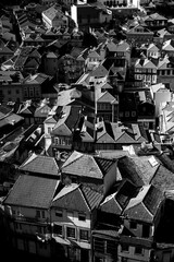 View of rooftops of the old Porto, Portugal. Black and white photo.