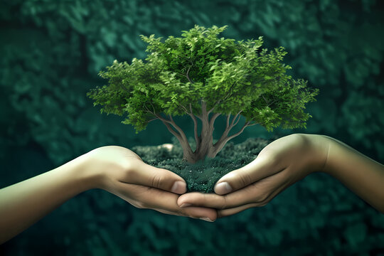 Two hands holding a green tree-conserve nature and plant trees-Generative AI