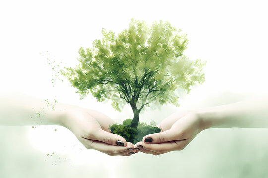 Two hands holding a green tree-conserve nature and plant trees-Generative AI