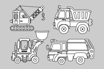 Outline Construction car, Crawler Crane, wheel Loader and dumps truck  isolated on white background. flat cartoon design. icon set. stroke, thin line Vector, illustration.
