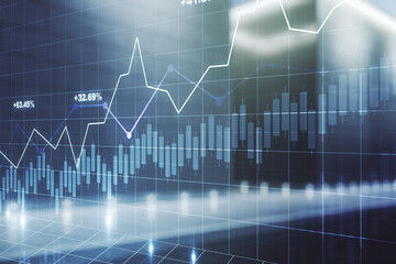 Multi exposure of abstract virtual financial graph hologram on blurry modern office building background, forex and investment concept