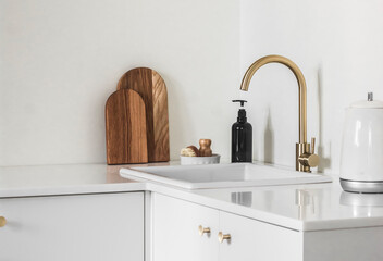 Minimalism simplicity kitchen interior - white ceramic sink with dispenser, dish brushes, electric...