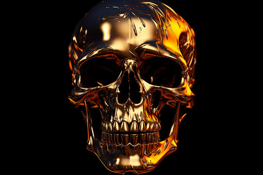 A black and gold skull on a black background. Generative AI