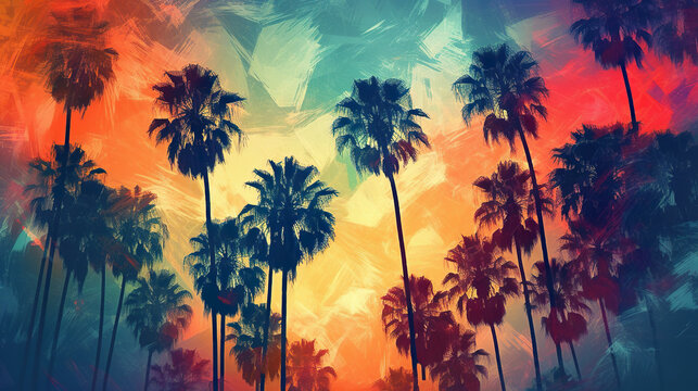 A painting of palm trees against a colorful sky. Generative AI.