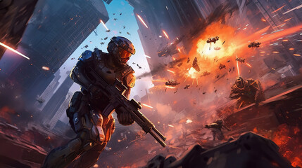game characters. Action scene with soldiers in armor at war against invading monsters and aliens, science fiction. epic battle. High tech. AI generated image.