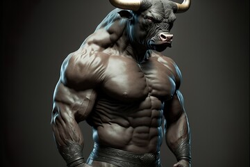 Fototapeta na wymiar Bodybuilder With A Bull's Head On A Dark Neutral Background. Ai Generated