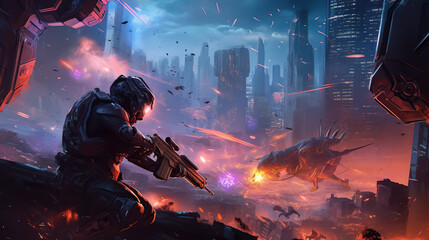 game characters. Action scene with soldiers in armor at war against invading monsters and aliens, science fiction. epic battle. High tech. AI generated image.