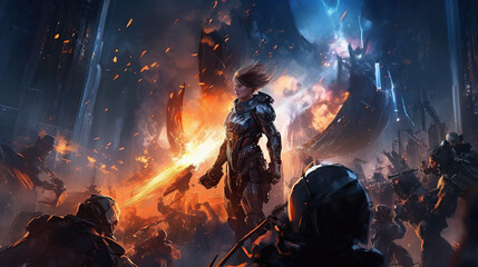 game characters. Action scene with soldiers in armor at war against invading monsters and aliens, science fiction. epic battle. High tech. AI generated image.