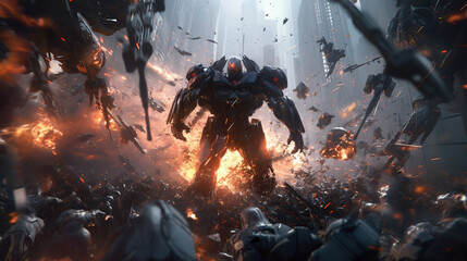game characters. Action scene with soldiers in armor at war against invading monsters and aliens, science fiction. epic battle. High tech. AI generated image.