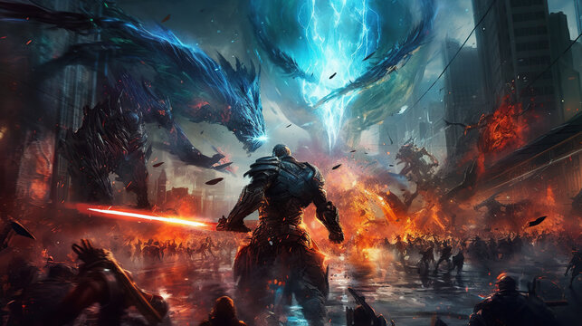 game characters. Action scene with soldiers in armor at war against invading monsters and aliens, science fiction. epic battle. High tech. AI generated image.
