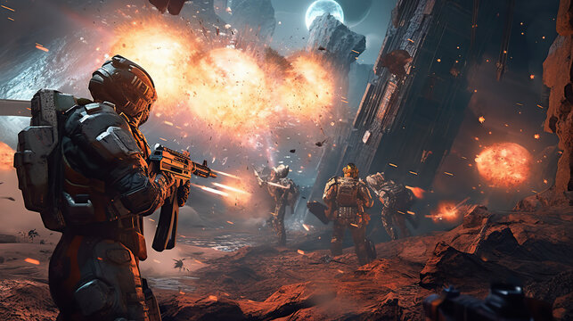 game characters. Action scene with soldiers in armor at war against invading monsters and aliens, science fiction. epic battle. High tech. AI generated image.