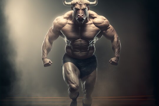 Jacked Wrestler With A Bull's Head On A Dark Neutral Background