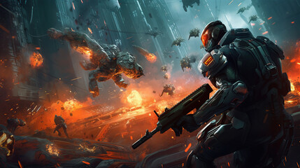 game characters. Action scene with soldiers in armor at war against invading monsters and aliens, science fiction. epic battle. High tech. AI generated image.