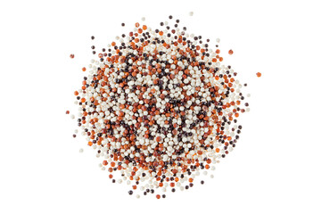 Quinoa seeds pile top view isolated transparent png. Raw mixed tricolor amarant grain. Gluten-free...