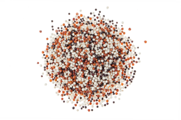 Quinoa seeds pile top view isolated transparent png. Raw mixed tricolor amarant grain. Gluten-free cereal.