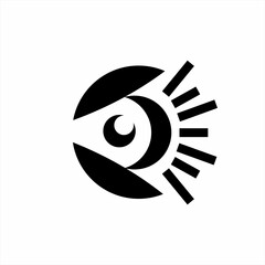 Eye illustration logo design with crescent moon and sunshine elements with abstract letter A.