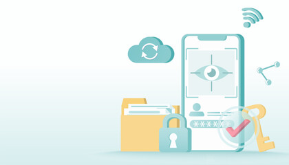 Safety and security technology concept. Iris scan access to account, backup data, firewall, sensitive data, protect personal detail. Flat vector design illustration with copy space.