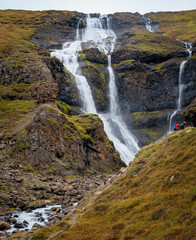 View of Rj&uacute;kandi waterfall aka Rjukandafoss in Jokuldalur valley at northeast Iceland.