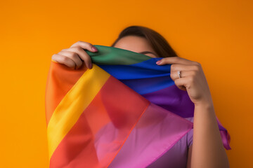 Expressive Generative AI pride photo of a lesbian woman with rainbow flag patterns. Inclusive society with equal rights. Pride day month celebration of diversity and inclusion.